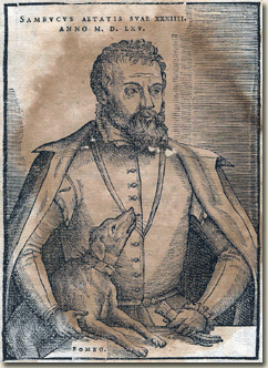 Portrait of Johannes Sambucus in the second edition of his Emblemata (1566) with his dog Bombo